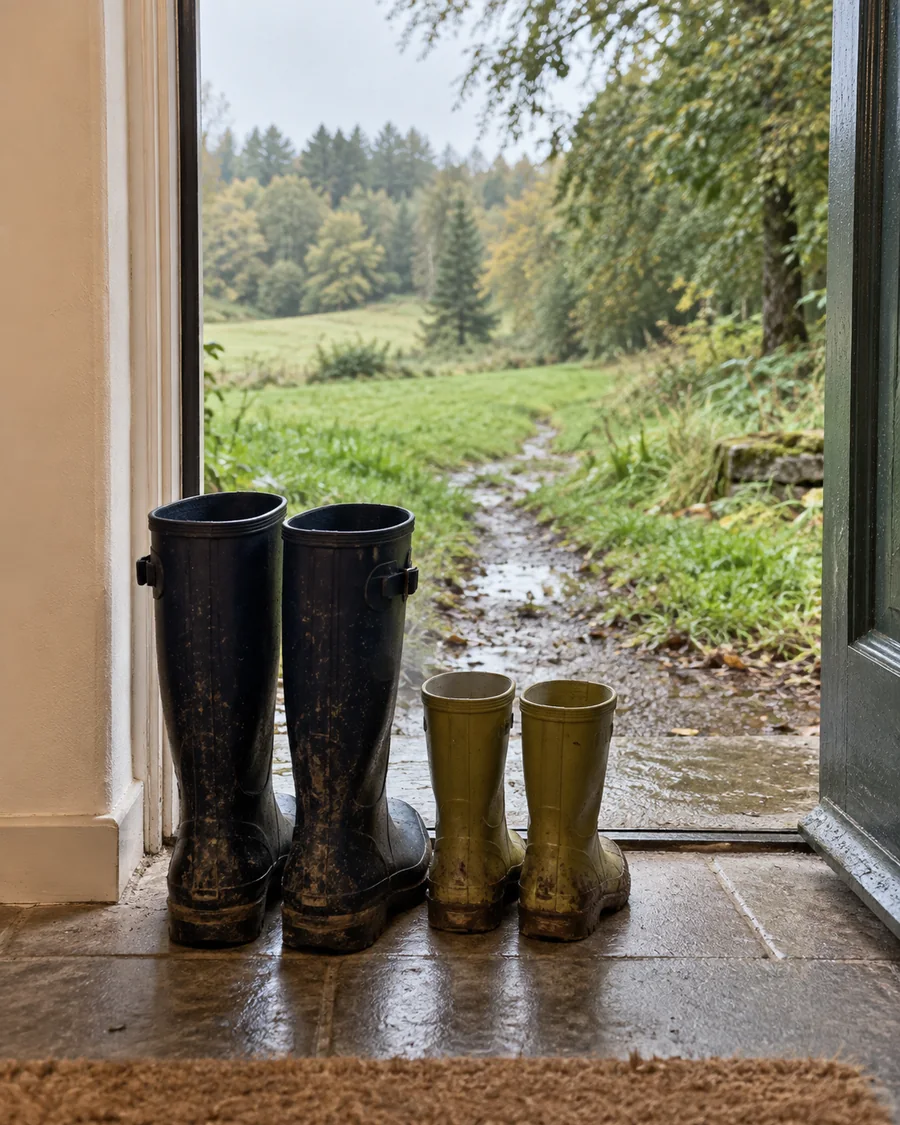 Große und kleine Gummistiefel an einer offenen Tür, draußen ein Weg ins Grüne