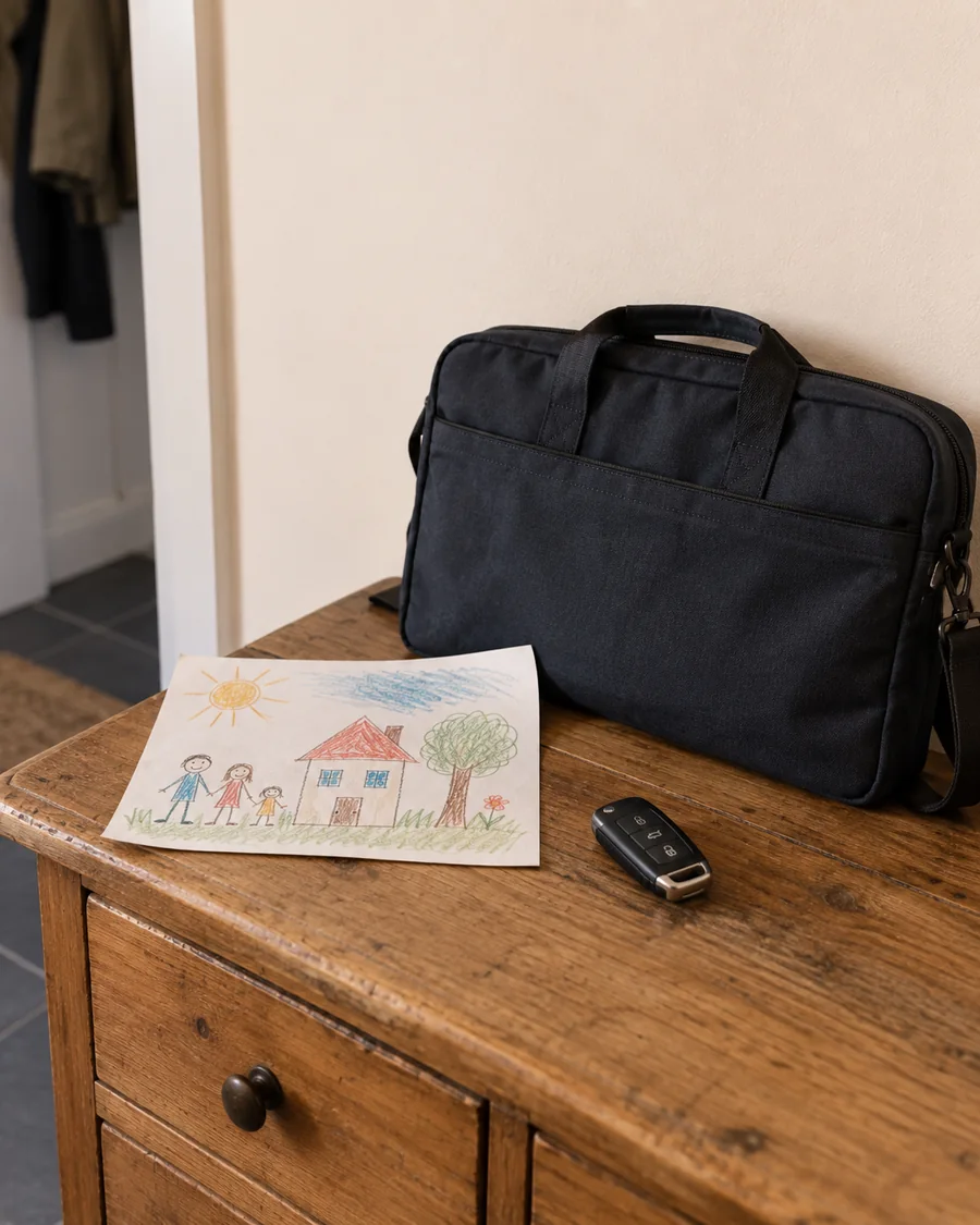 Flurkommode mit Laptoptasche, Autoschlüssel und einer Kinderzeichnung