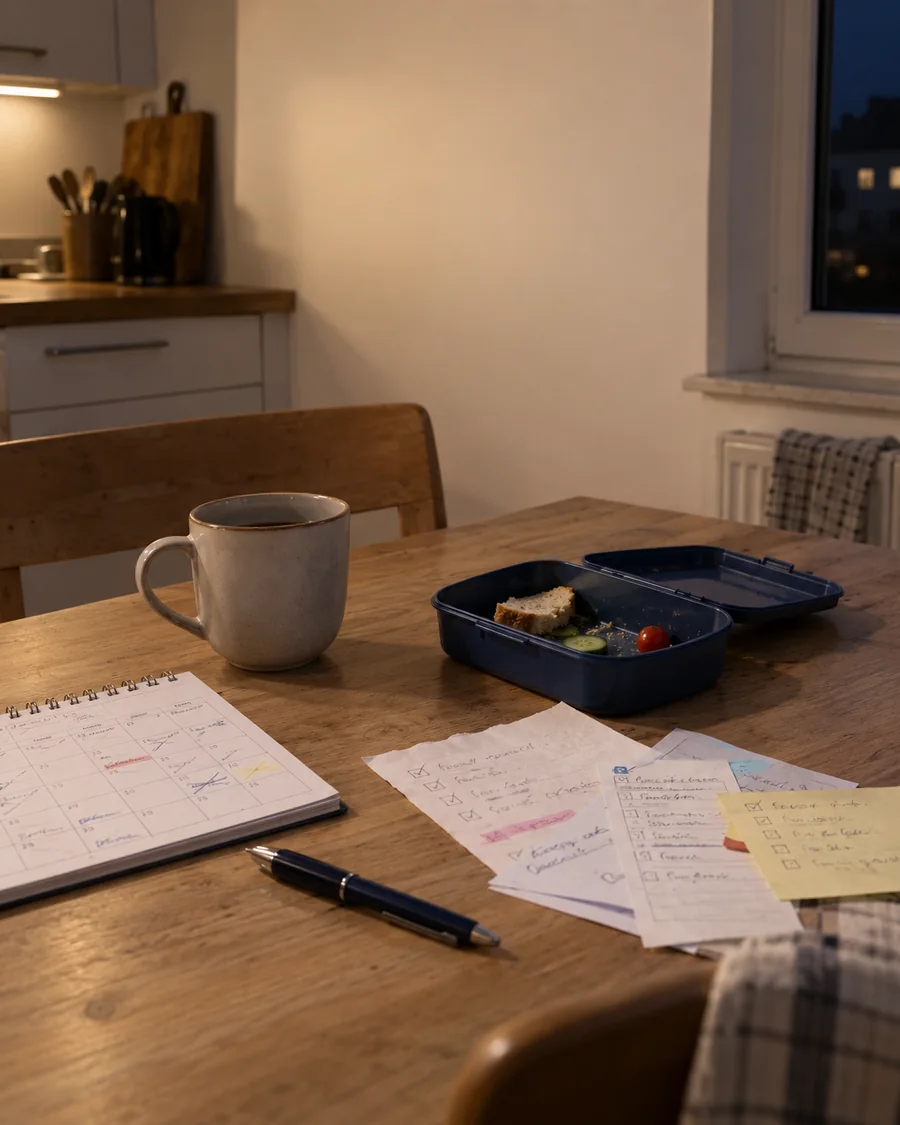 Küchentisch am Abend mit Kaffeetasse, Kalender, Zetteln und offener Brotdose