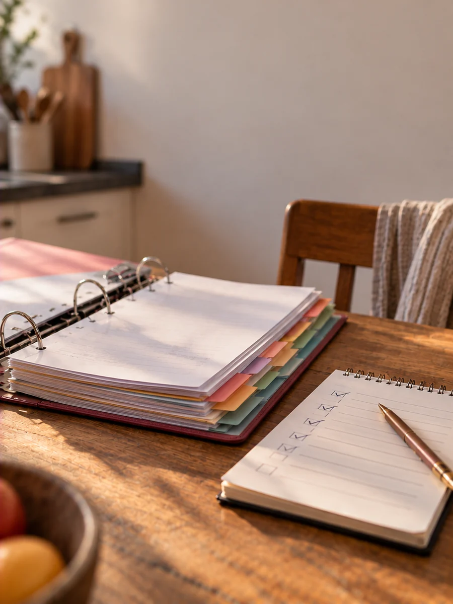 Ordner mit sortierten Unterlagen und eine Checkliste auf dem Küchentisch